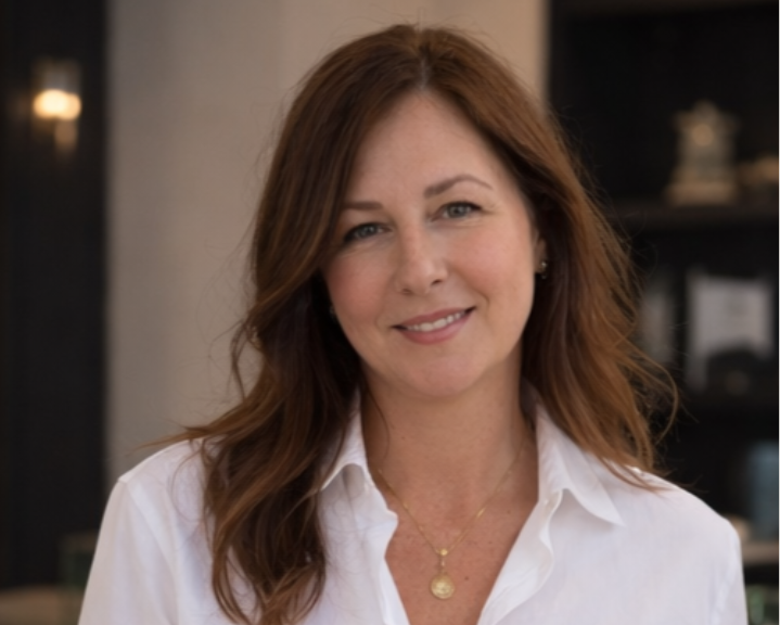 A woman with brown hair stands indoors wearing a white long-sleeve button-up shirt and light beige drawstring pants, with one hand in her pocket and the other resting on a table. A small gold necklace is visible.